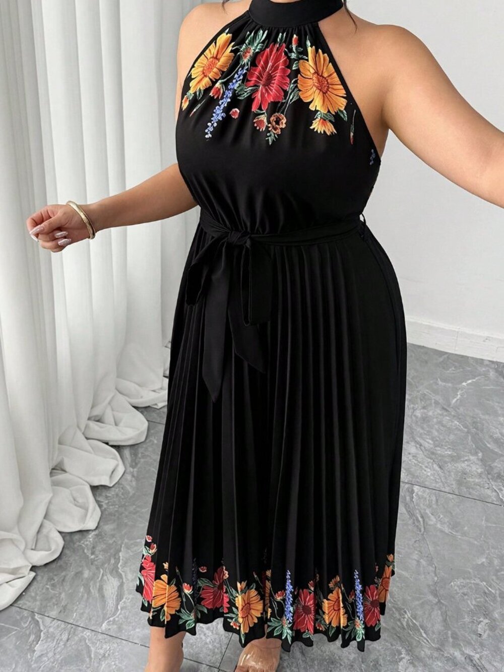 Multicolor Elegant Women's Floral Print Ruched Waist Cinched Halter Dress - Picture 7 of 7
